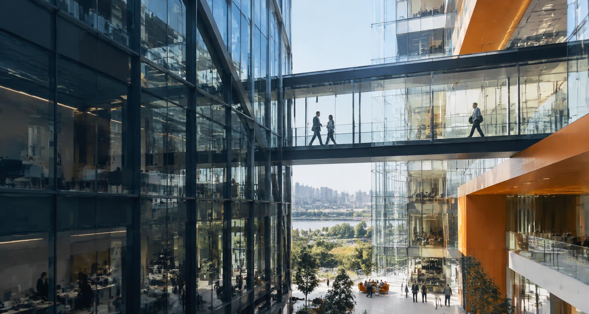 Glass bridge connecting contemporary business buildings